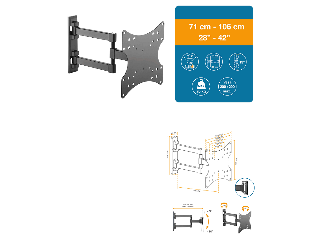 Supporto TV-LCD a muro doppio braccio PL 28-42 kg.20 nero | Omb Italy - immagine 2